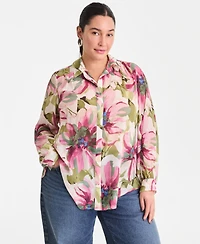 I.n.c. International Concepts Plus Printed Long-Sleeve Blouse, Created for Macy's