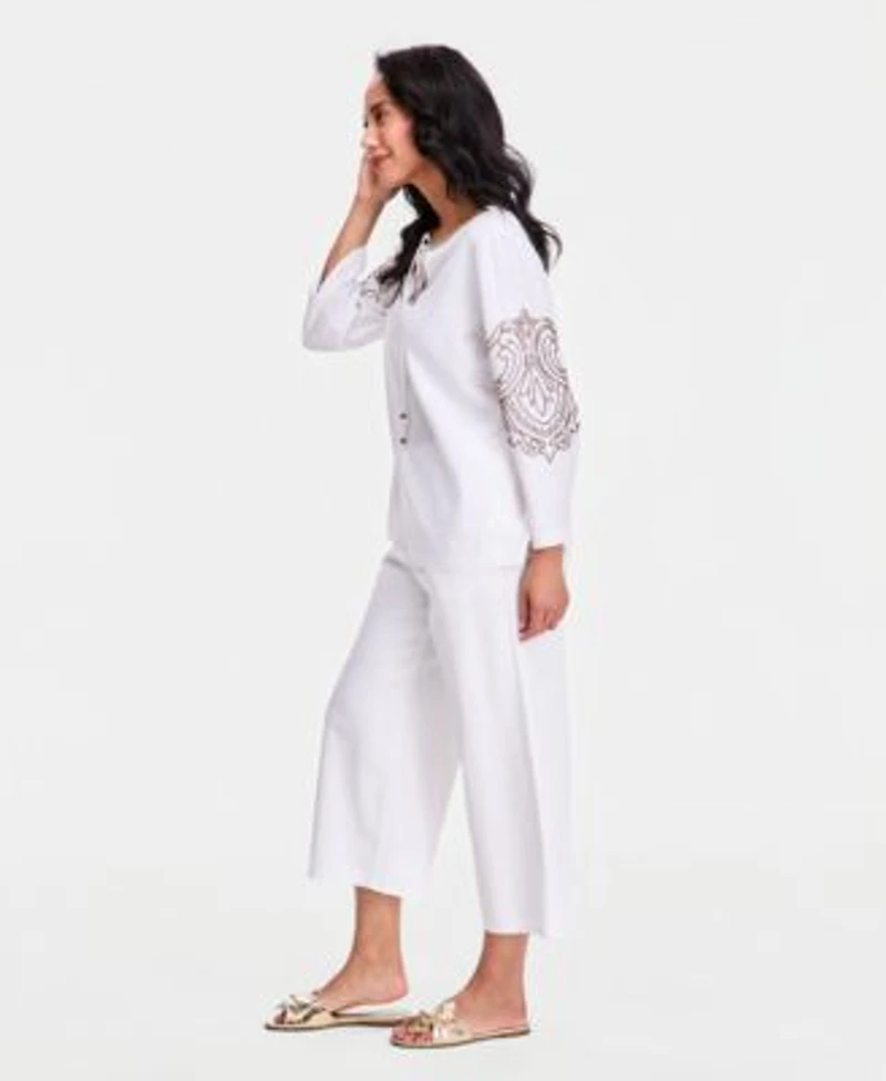 Jm Collection Womens Beaded Split Neck Top Cropped Drawstring Wide Leg Pants Macys Exclusive