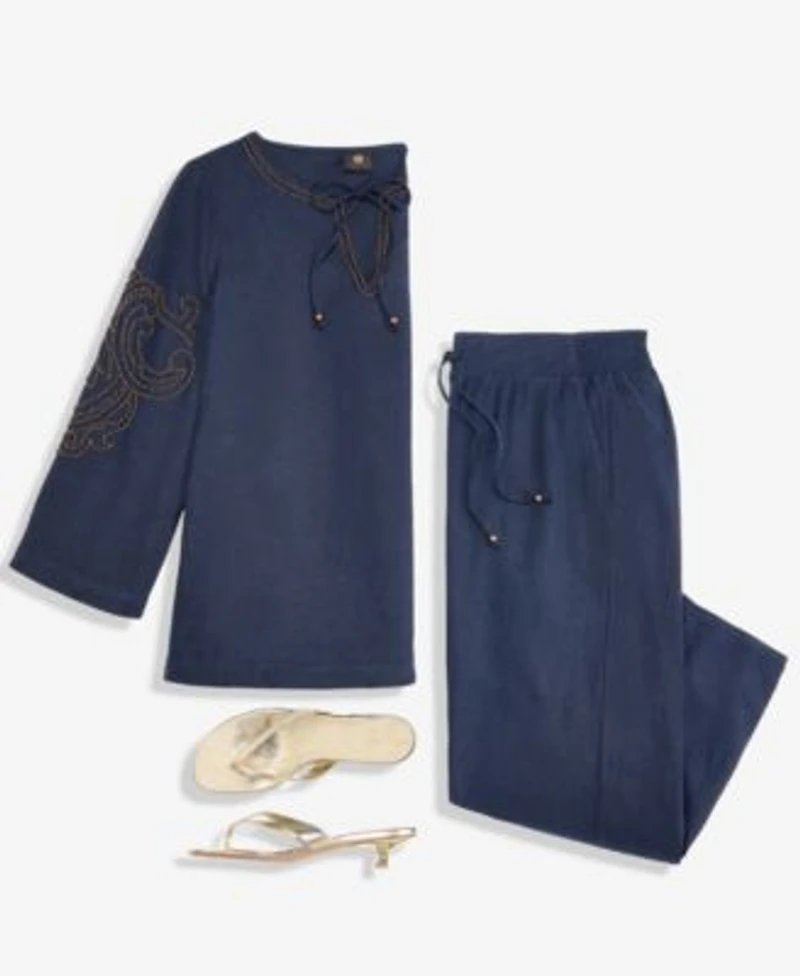 Jm Collection Womens Beaded Split Neck Top Cropped Drawstring Wide Leg Pants Macys Exclusive