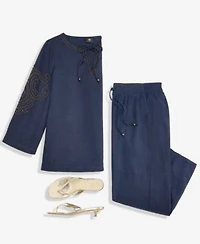 Jm Collection Womens Beaded Split Neck Top Cropped Drawstring Wide Leg Pants Macys Exclusive