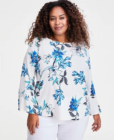 Jm Collection Plus Winding Leaves Flare Sleeve Boat Neck Top