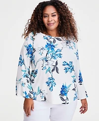 Jm Collection Plus Winding Leaves Flare Sleeve Boat Neck Top