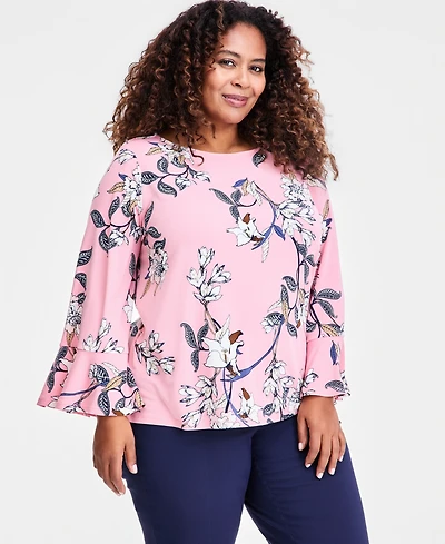 Jm Collection Plus Winding Leaves Flare Sleeve Boat Neck Top