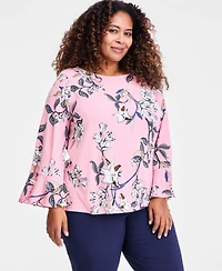 Jm Collection Plus Winding Leaves Flare Sleeve Boat Neck Top