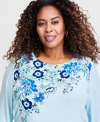 Jm Collection Plus Printed Jacquard 3/4-Sleeve Top