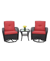 Flynama 3 Piece Outdoor Wicker Rocker Swivel Patio Bistro Conversation Set with Glass Top Side Table Red