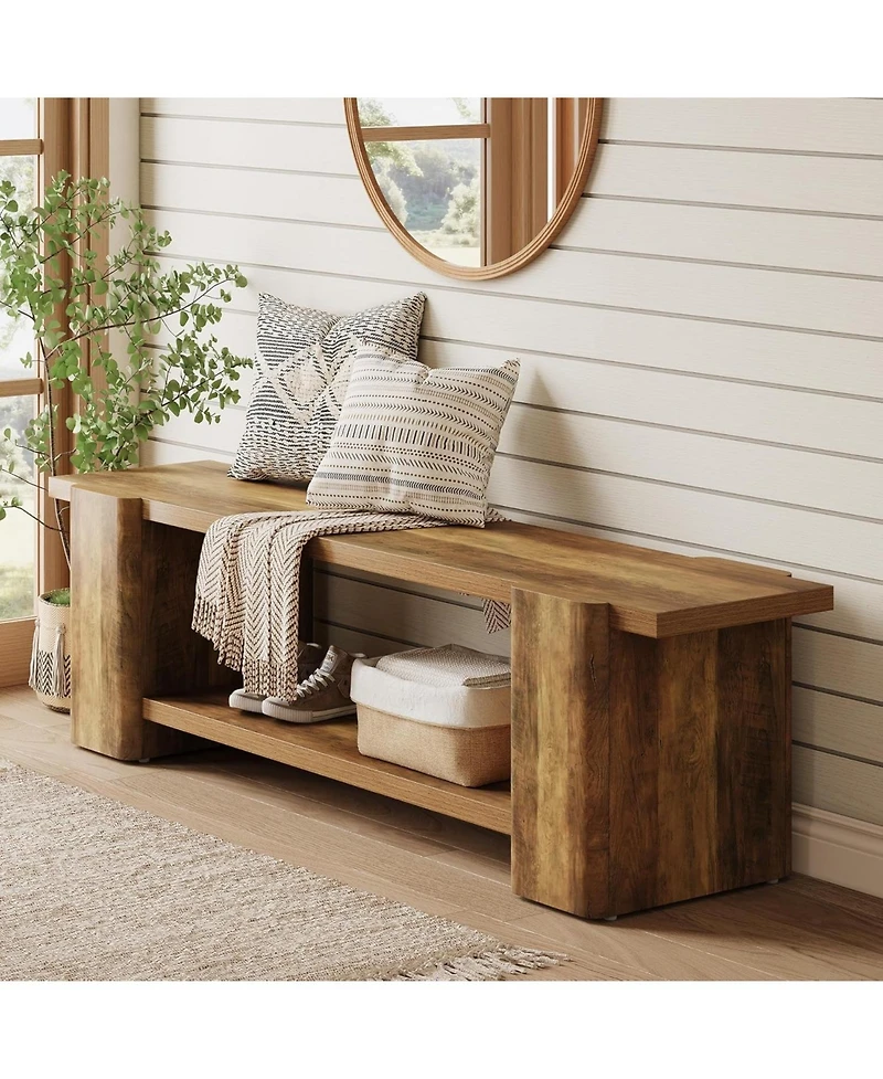 Tribesigns Wood Entryway Bench, 63" End of Bed Bench with Storage Shelf, Farmhouse Extra Long Shoe Bench