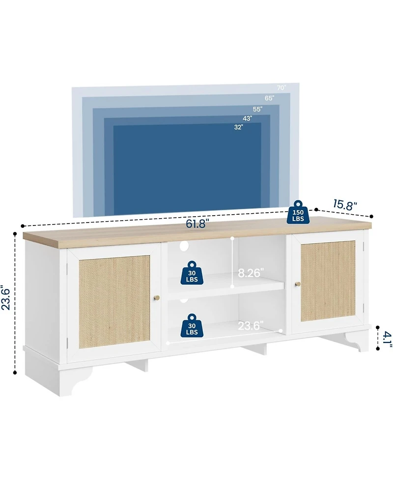 gaomon Rattan Tv Stand for 65 Tv, Boho Entertainment Center with Cabinets & Open Shelves