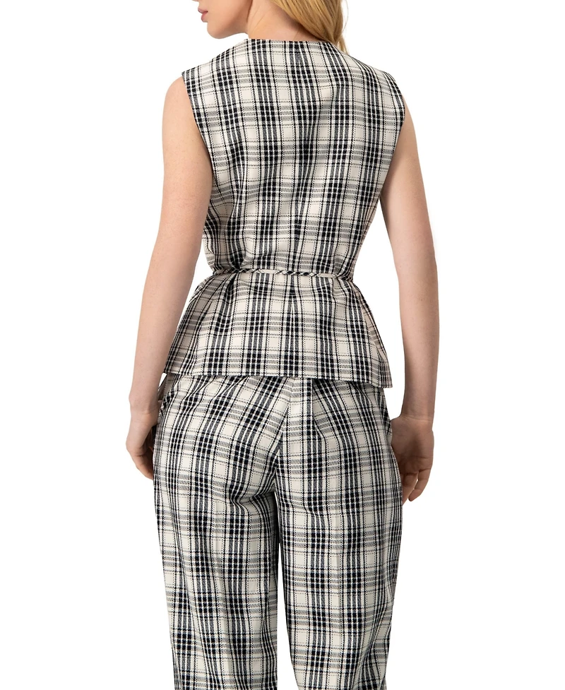 Ivonne Women's Plaid Vest with Tie Belt