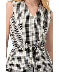 Ivonne Women's Plaid Vest with Tie Belt