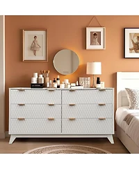 gaomon 54" Wide Drip Pattern 6 Drawers Dresser with Faux Marble Top, Bedroom Chest of Wood, Curved Profile Design