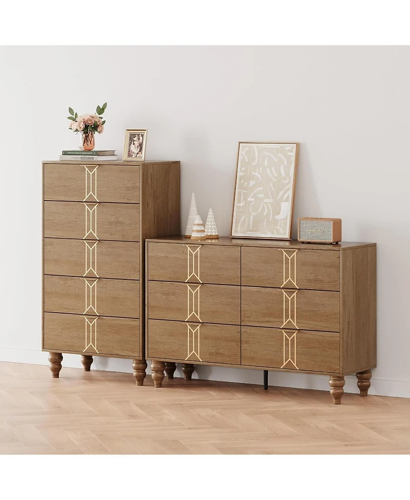 gaomon and Tall Wooden 5 Drawer Dresser with Vintage Pattern Design, Modern
