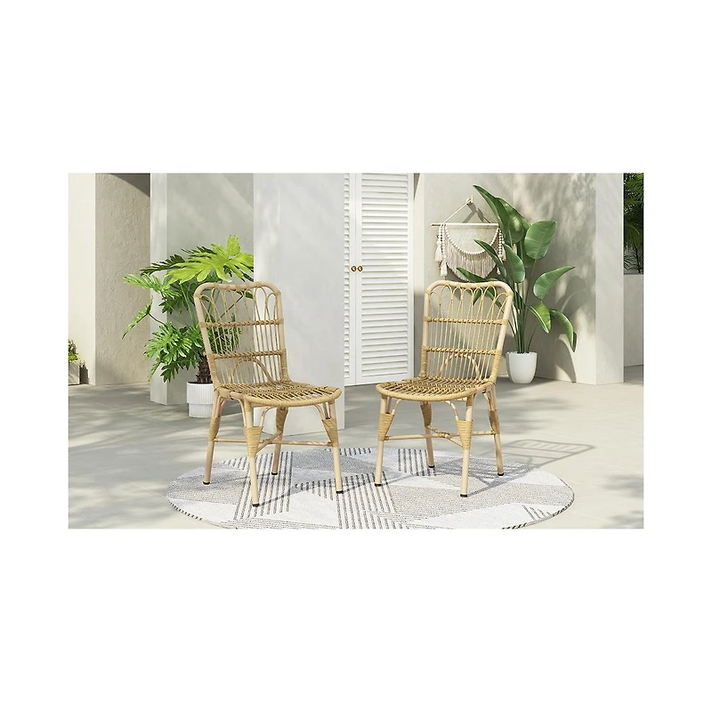 Flynama Set of 2 Natural Outdoor Pe Wicker Patio Dining Chairs Hand Woven Iron Frame for Backyard Poolside Garden