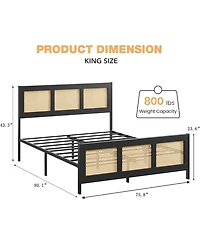 gaomon Rattan Bed Frame with Headboard, Boho Full Strong Metal Slats Support, No Box Spring Needed