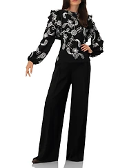 Ivonne Women's Blouse with White Embroidery and Ruffle Detail