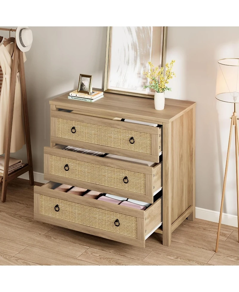 Dresser for Bedroom Rattan Chest of Dressers 29 Tall Closet with 3 Drawers Boho Night Stand Large Clothes Storage Cabinet