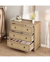 Dresser for Bedroom Rattan Chest of Dressers 29 Tall Closet with 3 Drawers Boho Night Stand Large Clothes Storage Cabinet