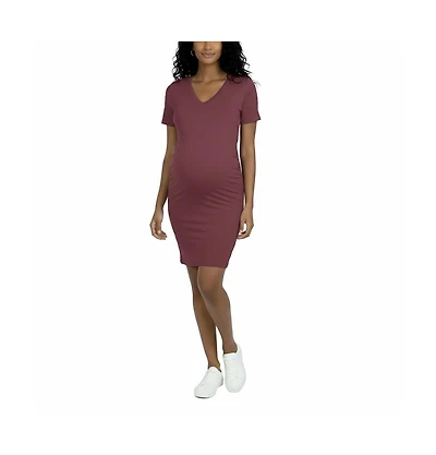 Motherhood Maternity Women's V-Neck Short Sleeve Side Ruched Bodycon Mini Dress