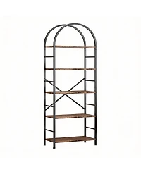 Yigii Arched Metal Bookshelf for Home Office and Living Room - 5 Shelves, Rustic Brown