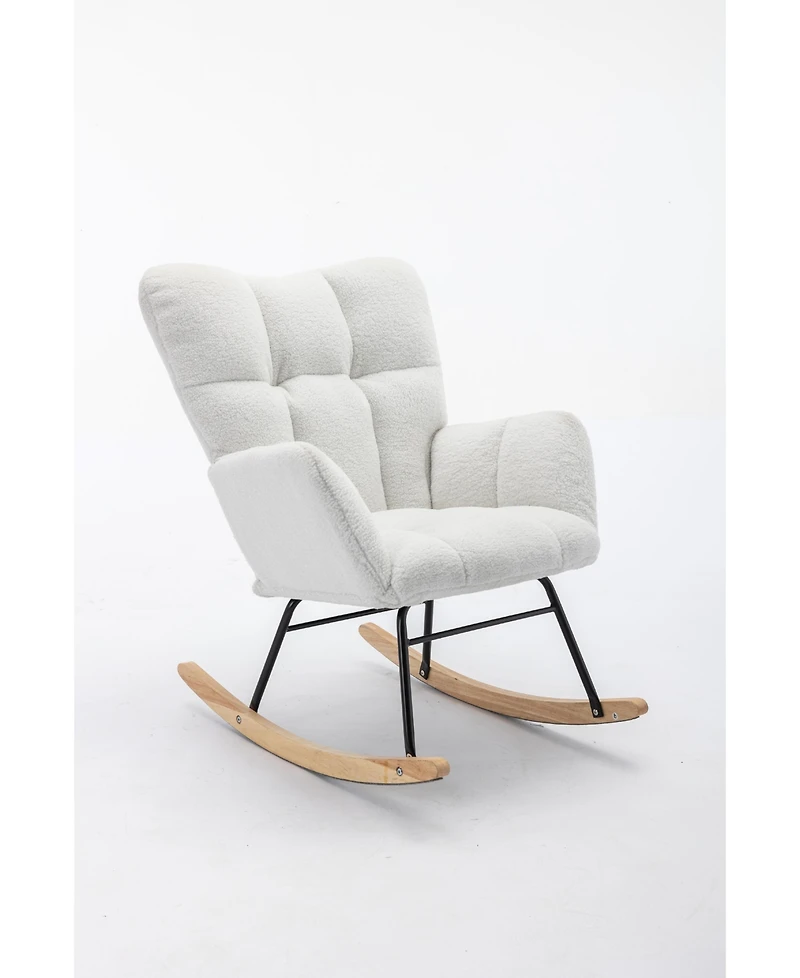 Flynama Ivory Teddy Fabric Nursery Rocking Glider Chair with Wooden Frame Metal Base Rocking Legs 250 Lbs Capacity for Living Room Bedroom