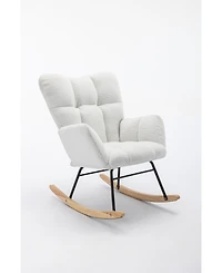 Flynama Ivory Teddy Fabric Nursery Rocking Glider Chair with Wooden Frame Metal Base Rocking Legs 250 Lbs Capacity for Living Room Bedroom
