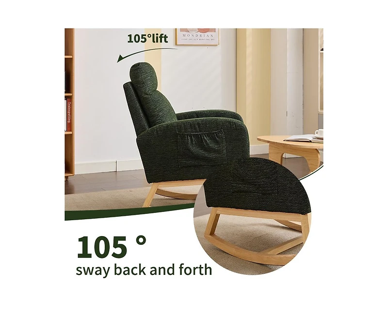 Flynama Modern Accent Upholstered Nursery Glider Rocking Chair with Solid Wood Legs Side Pocket High Backrest 300LBS Capacity for Living Room