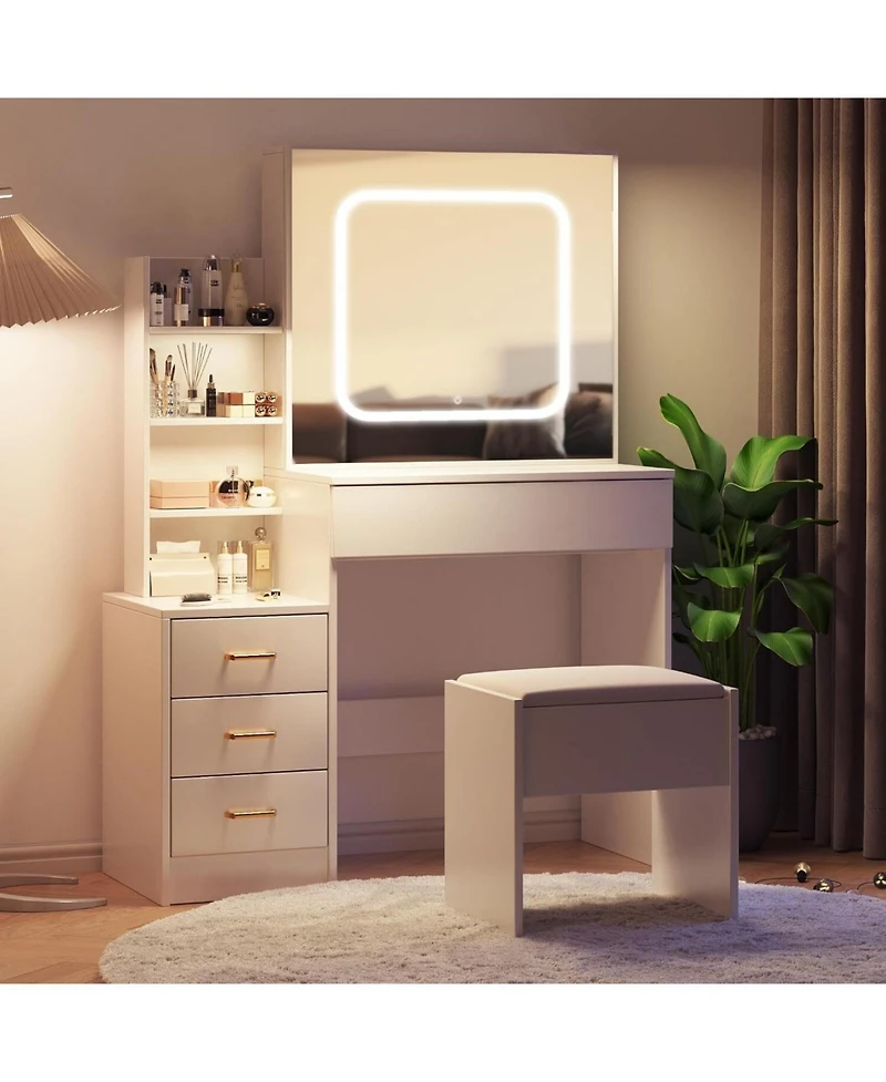 Gaomon White 4-Drawer Lighted Mirror Vanity, Practical Makeup Desk for Everyday Bedroom Use
