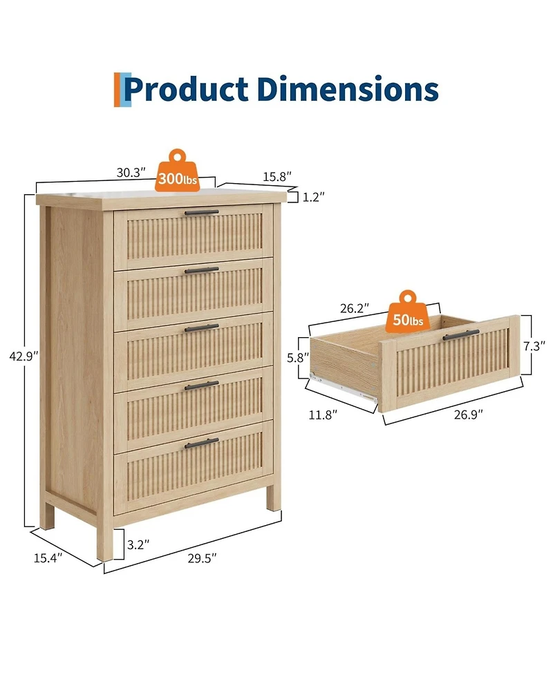 gaomon Fluted Dresser for Bedroom with 5 Drawers, 42.9 in Tall Chest of Large Drawers with Large Clothes Storage Cabinet, Wood Dresser, Tv Stand