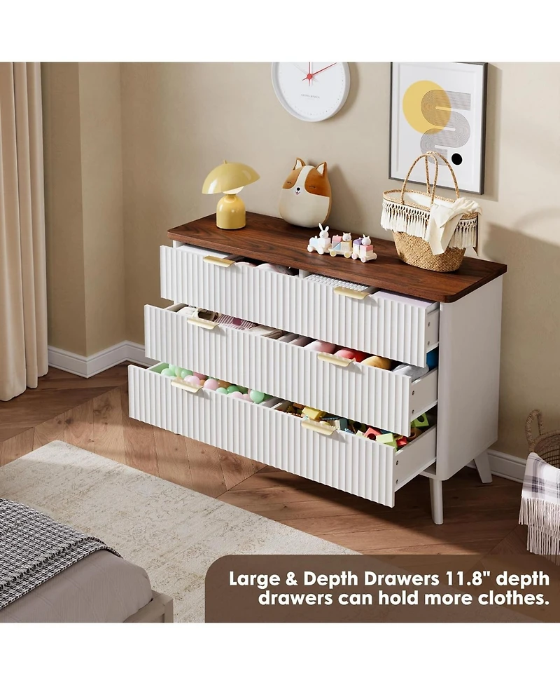 Gaomon 47.2" Fluted Dresser with 6 Deep Drawers and Faux Marble Top, Curved Profile Design, Modern Wooden Chest for Bedroom