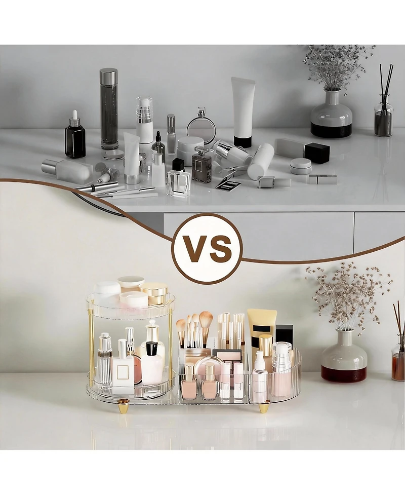Yigii 360 Silent Rotating Makeup Organizer: 2 Perfume Trays, 5 Compartments, Multi-Use