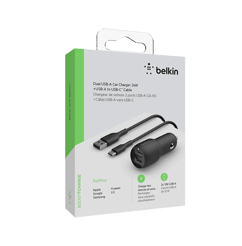 Belkin BoostCharge Dual Usb-a Car Charger 24W and Usb-a to Usb-c Cable
