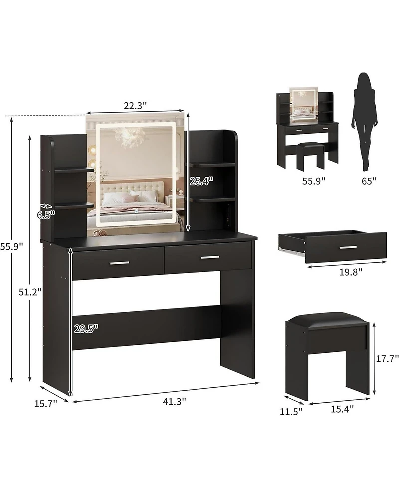 gaomon 2-Drawer Lighted Mirror Vanity, Stylish Makeup Desk for Modern Bedroom Decor