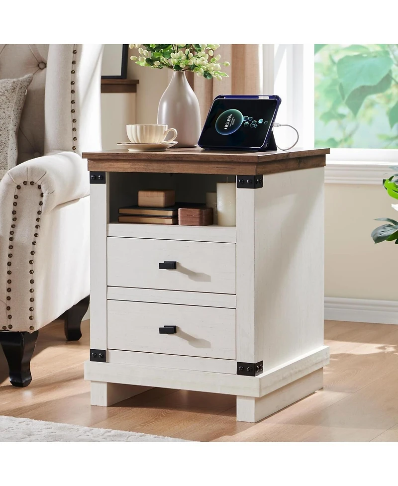 gaomon 1PC 18 Inch Antique Farmhouse Nightstand, 2-Drawer Rustic Bedside Table with Charging Station