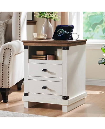 gaomon 1PC 18 Inch Antique Farmhouse Nightstand, 2-Drawer Rustic Bedside Table with Charging Station