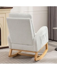 Flynama High Back Accent Rocking Chair with Footrest Rubber Wood Legs Side Storage Pocket for Bedroom Living Room Nursery