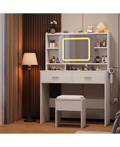 Gaomon White 2-Drawer Vanity Desk, Lighted Makeup Table with Charging Station & Storage Shelves