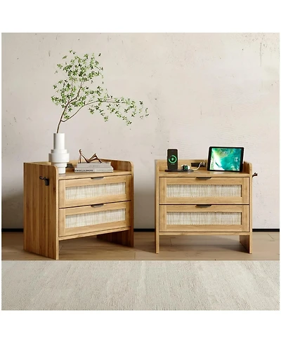 gaomon Set of 2 Walnut Brown Rattan Nightstands, 2-Drawer Bedside Table with Type-c Charging Station