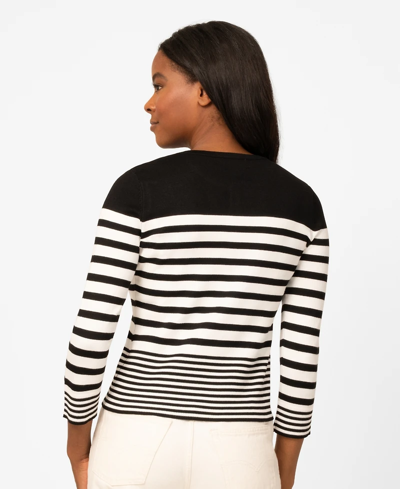 Melissa Paige Petite Mixed Stripe Button Crewneck Cardigan Sweater
