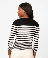 Melissa Paige Petite Mixed Stripe Button Crewneck Cardigan Sweater