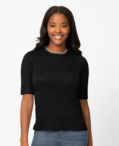 Melissa Paige Petite Whip Stitch Elbow-Sleeve Crewneck Sweater