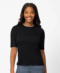 Melissa Paige Petite Whip Stitch Elbow-Sleeve Crewneck Sweater