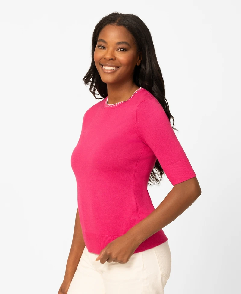 Melissa Paige Petite Whip Stitch Elbow-Sleeve Crewneck Sweater