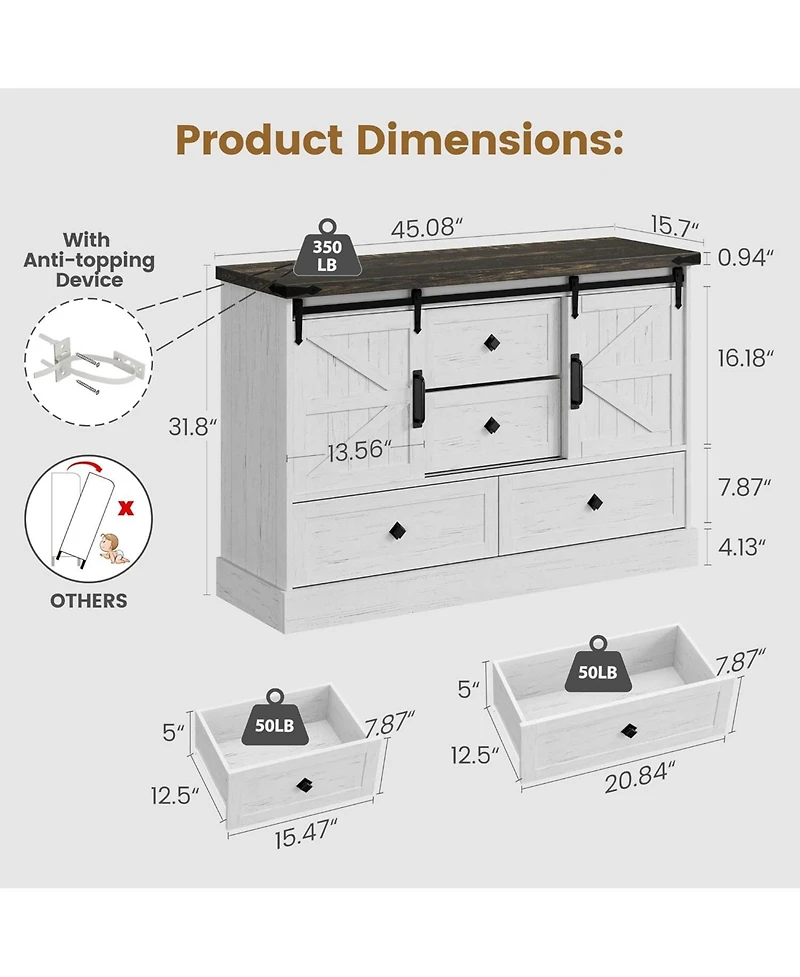 gaomon Farmhouse 4-Drawer Dresser, 45" Wooden Chest with Barn Doors, Rustic Storage Organizer Bedroom Dresser