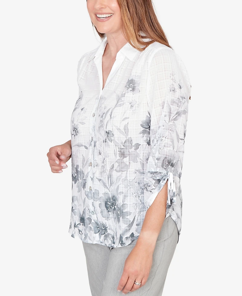 Alfred Dunner Petite Watercolor Print Button Front Collared Top
