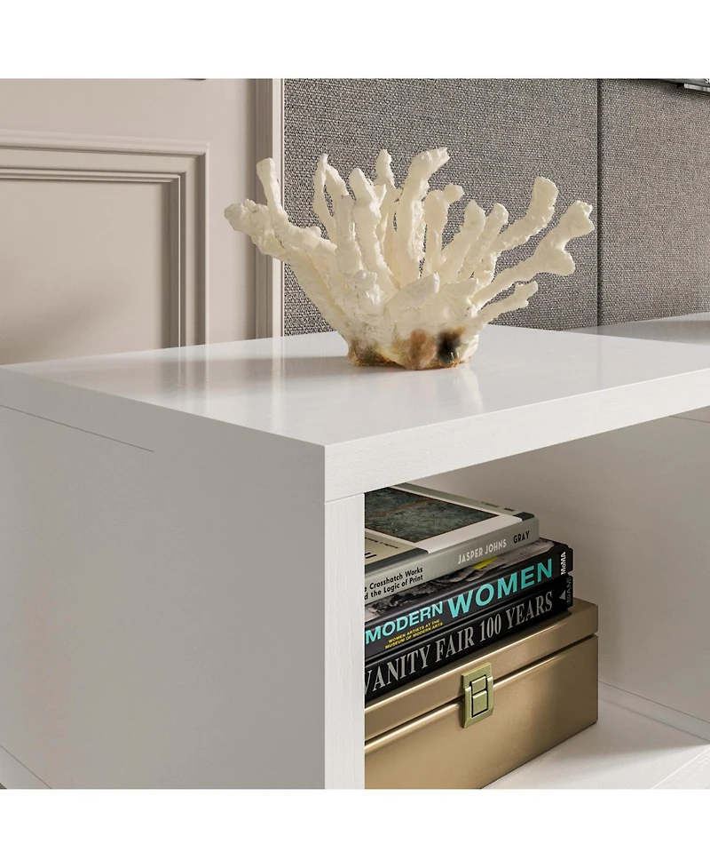 Tv stand with two doors and one drawer, media console with six fixed shelves, entertainment center in white wood