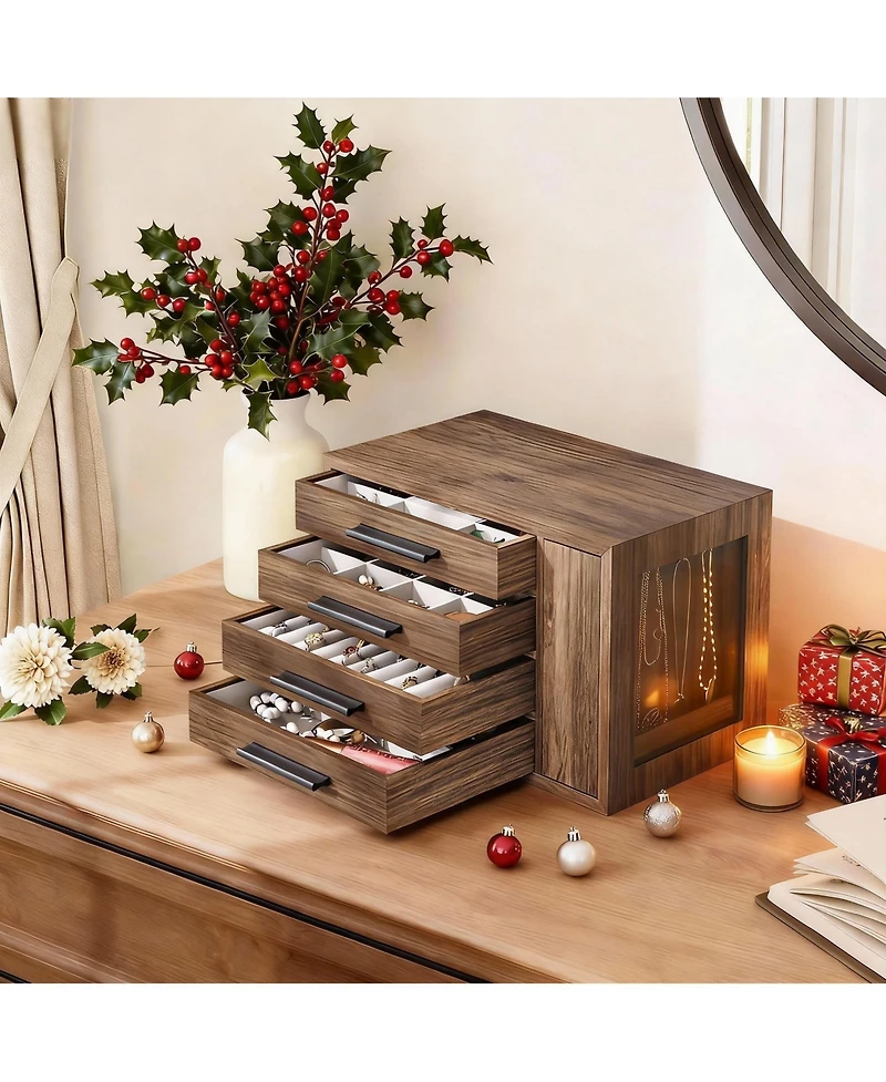 Yigii Wooden Jewelry Box with 4 Drawers for Rings, Earrings, Brooches, Necklaces