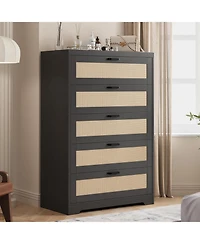 gaomon 5 Drawer Rattan Dresser for Bedroom, 47.27” Tall Dresser with Power Outlets, Wood Dresser Chest of Drawers with Metal Handles