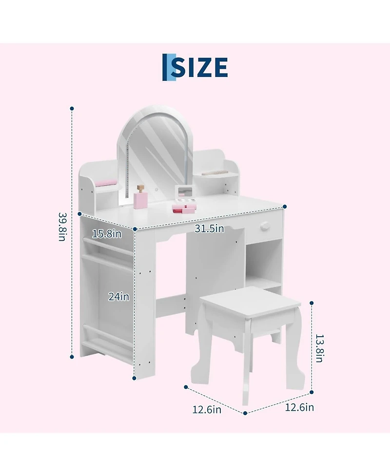 Gaomon 2-in-1 Kids Vanity Set, Lighted Mirror Table with Stool & Storage Bookshelf