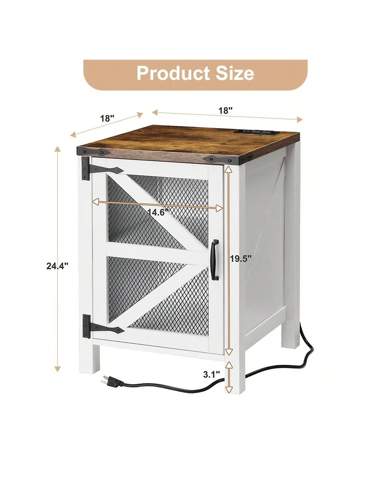 gaomon Farmhouse Barn Door Nightstand with Charging Station, Rustic End Table Sofa Side Storage for Bedroom