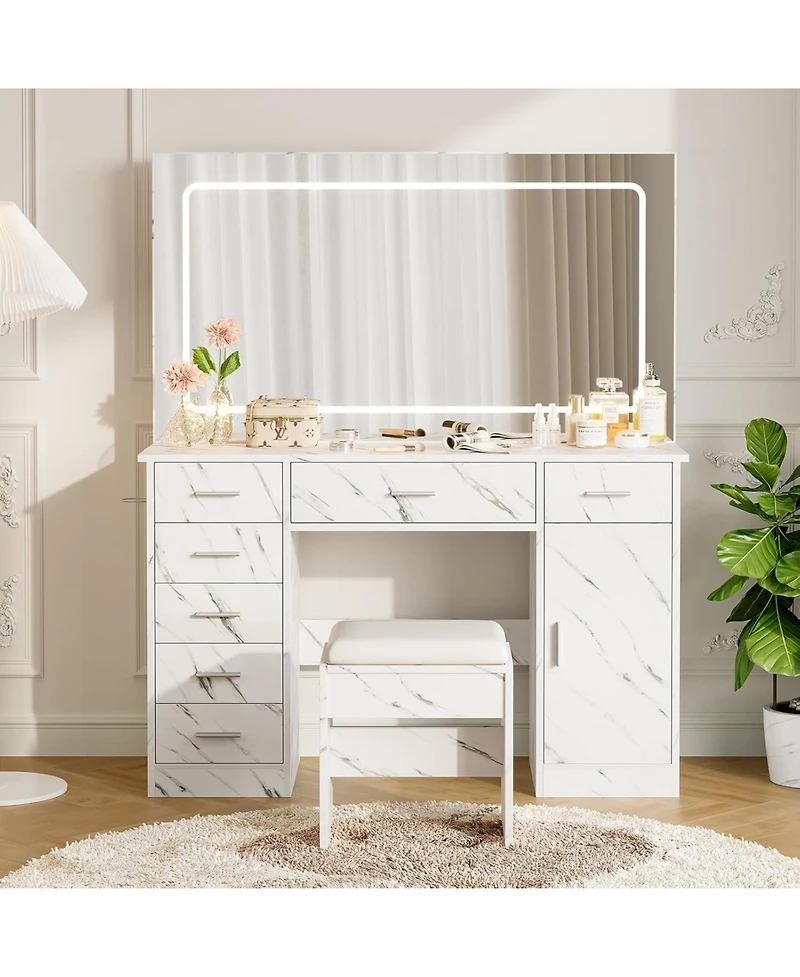 Gaomon Marble White 7-Drawer Vanity Cabinet, Led Mirror Makeup Table with 3 Light Modes & Charging Station